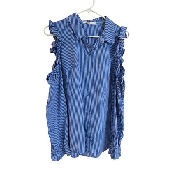 BCBGeneration Women’s Blue White Pin Striped Ruffle Cold Shoulder Top Shirt Sz L - Picture 1 of 8